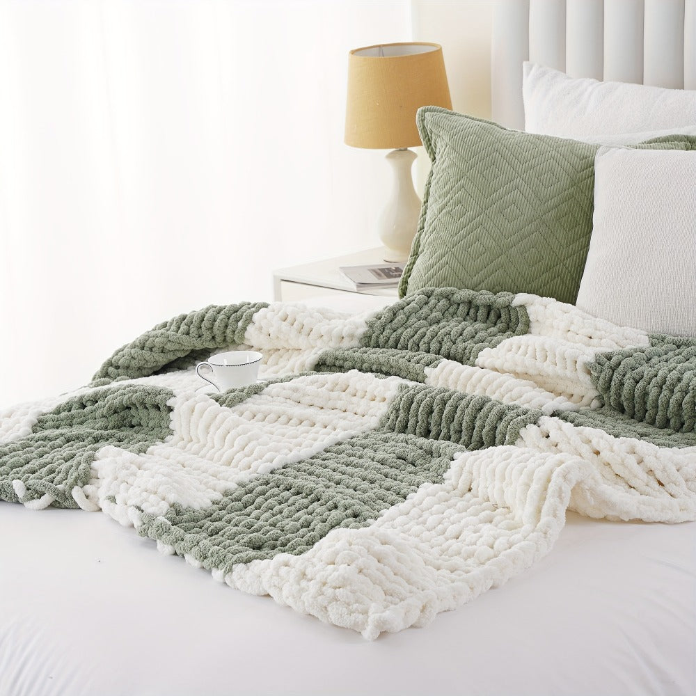 Chunky Chenille Cable Knit Throw Blanket – 350-400gsm Soft Warm Crochet Throw for Sofa, Bed & Couch, Vintage Patchwork, 14 Colors