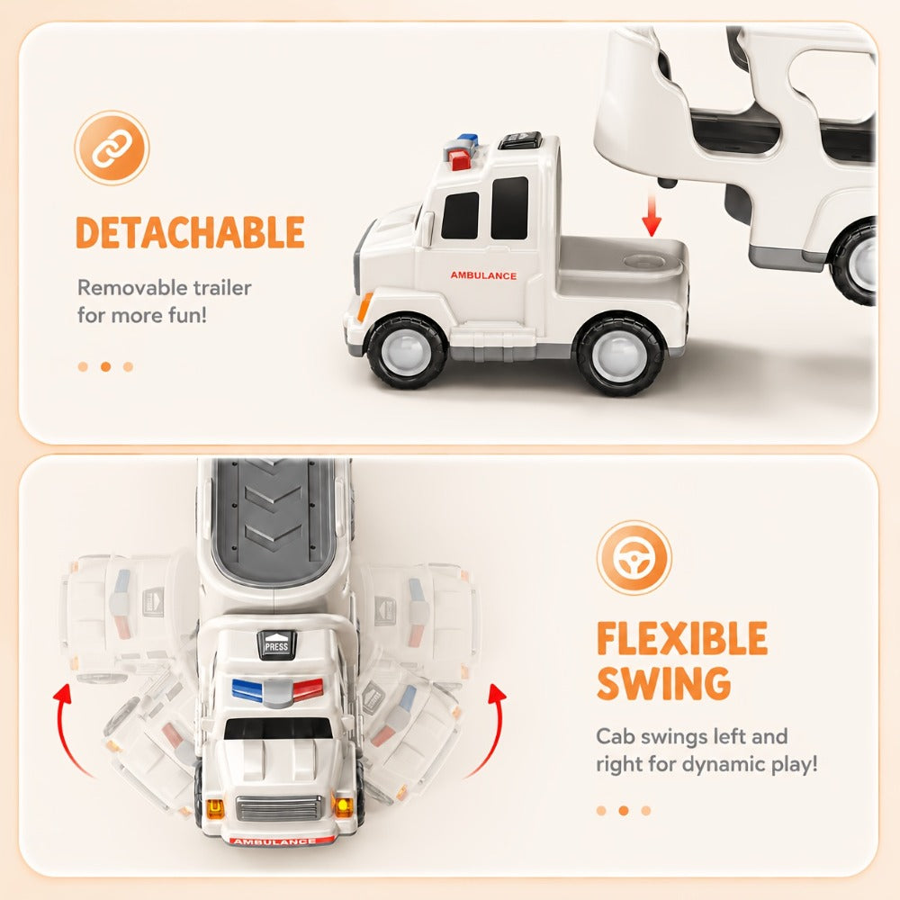 Ambulance Carrier Truck Toy Set, 5-in-1 with Lights, Sound and Rescue Vehicles
