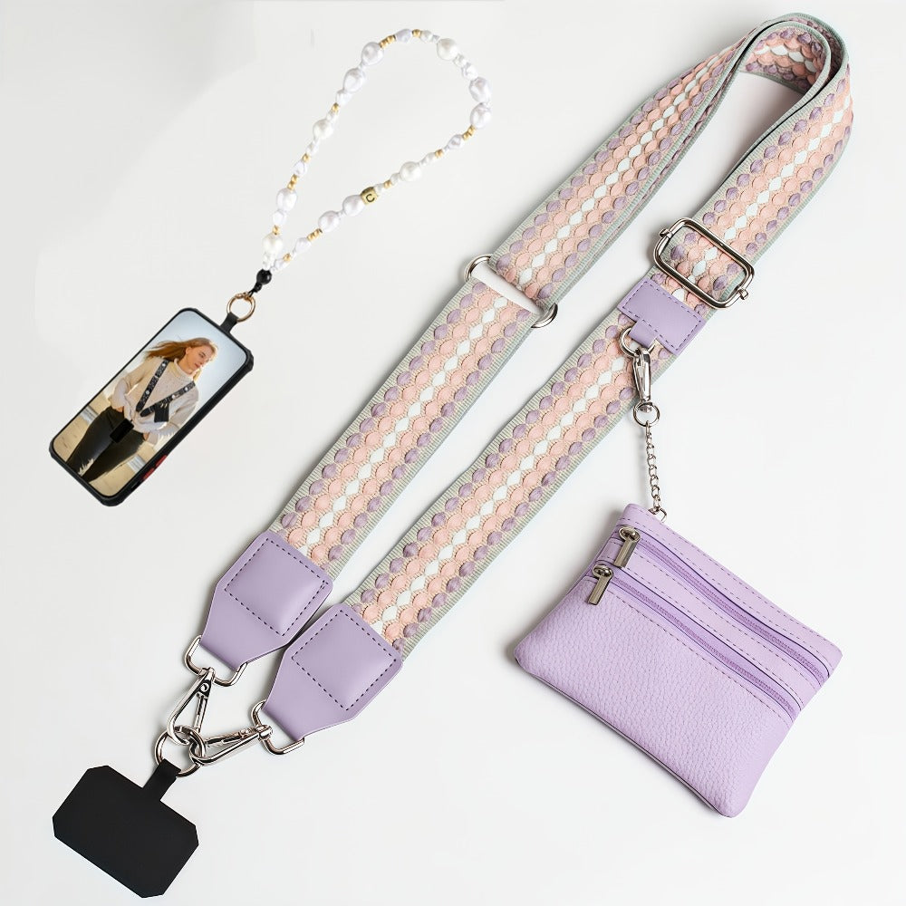 Crossbody Phone Strap Wallet Pouch with Beaded Charm Detachable Wrist Lanyard Card Holder Hands-Free Shoulder Strap for Women Girls iPhone Samsung – Green Purple Brown Pink 5 Colors