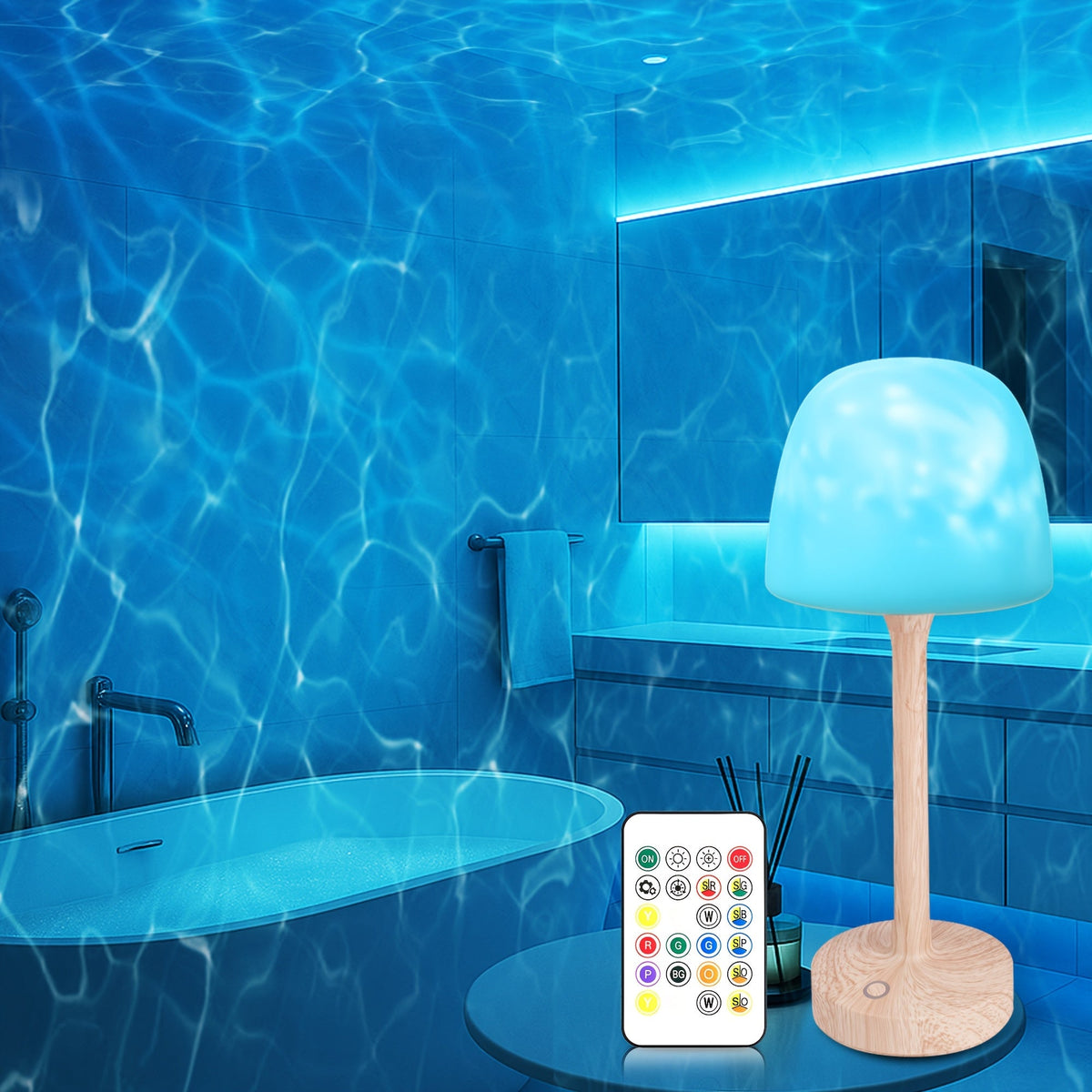 Ocean Wave LED Projector Lamp – 16 Color Rechargeable Cordless Night Light with Remote, Water Ripple Atmosphere Lamp for Bathroom Bedroom, Portable Table Lamp, RGB & Wood Base Options