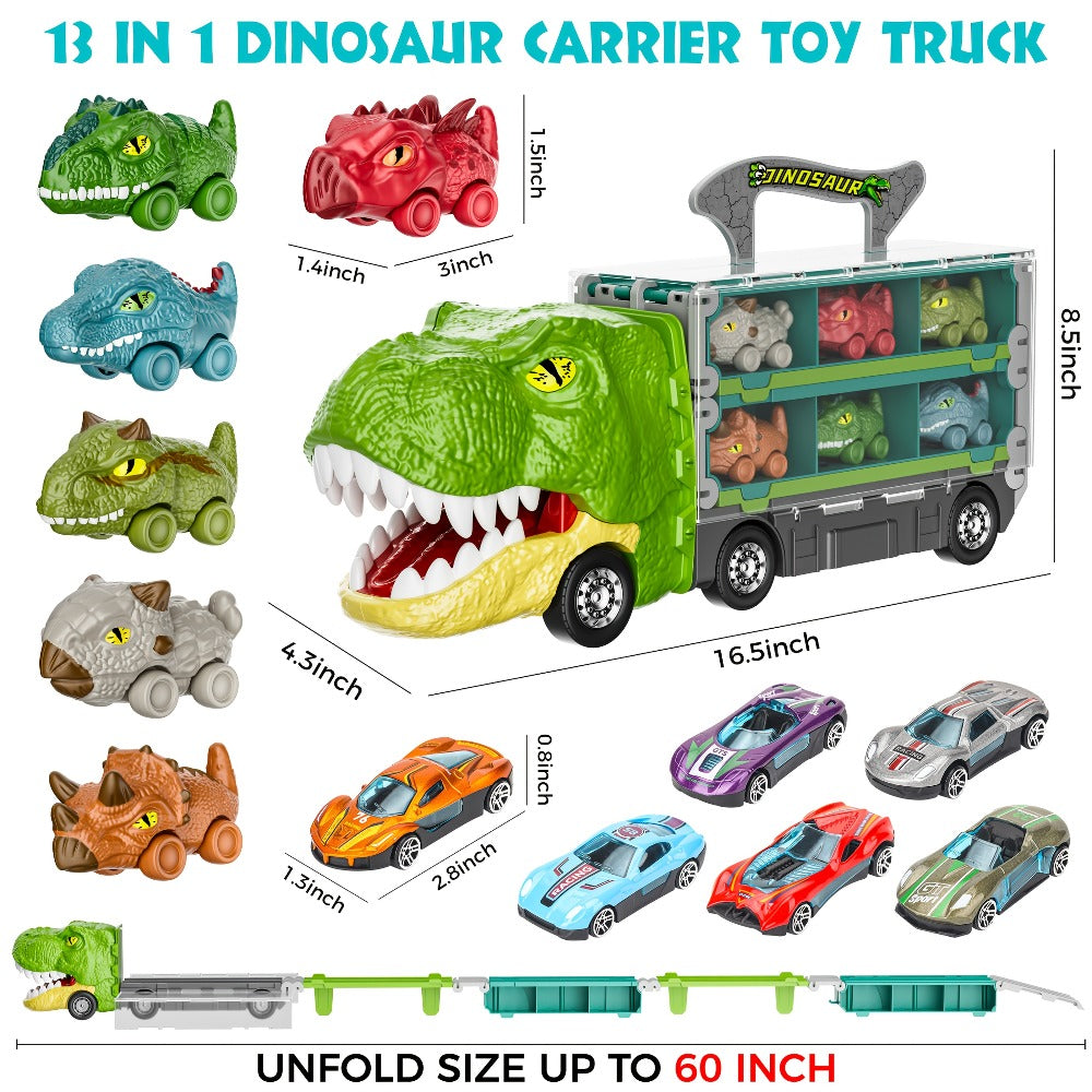 Dinosaur Truck Toy Carrier with 63-Inch Foldable Race Track, 13-in-1 Set with 12 Cars & 2-Player Racing