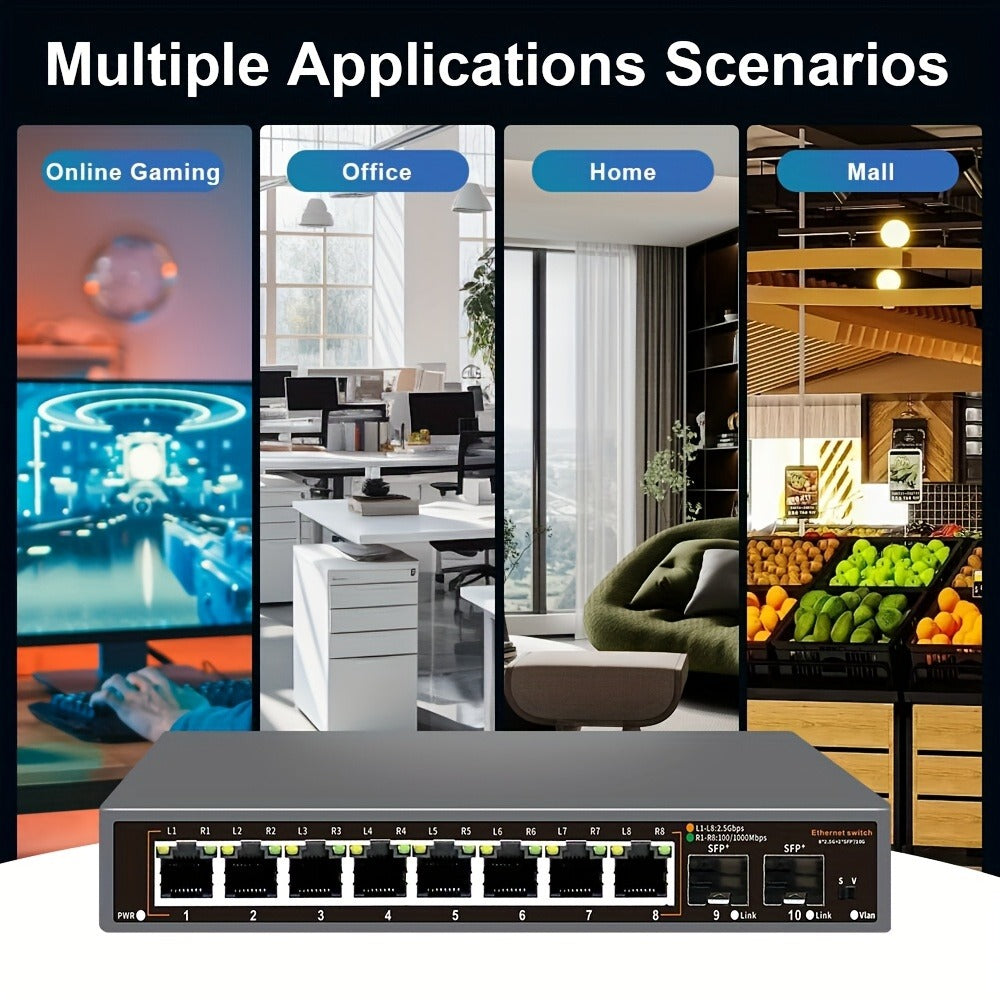 10-Port 2.5G Network Switch with 10G SFP+ Uplink - Fanless Metal Unmanaged Ethernet Switch, 8x 2.5GbE RJ45, 40Gbps Capacity, Plug and Play for NAS Home Lab Gaming Office