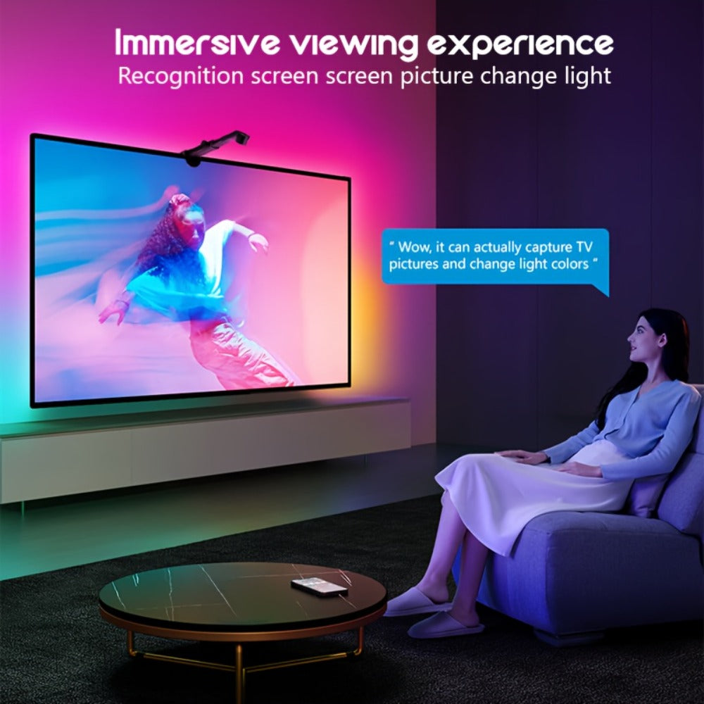 TV LED Backlight with Camera Screen Sync RGBW 5ft - Real-Time Color Matching USB Powered Ambient Bias Lighting for Smart TVs, Home Theater Gaming Video Calls Eye Strain Reduction
