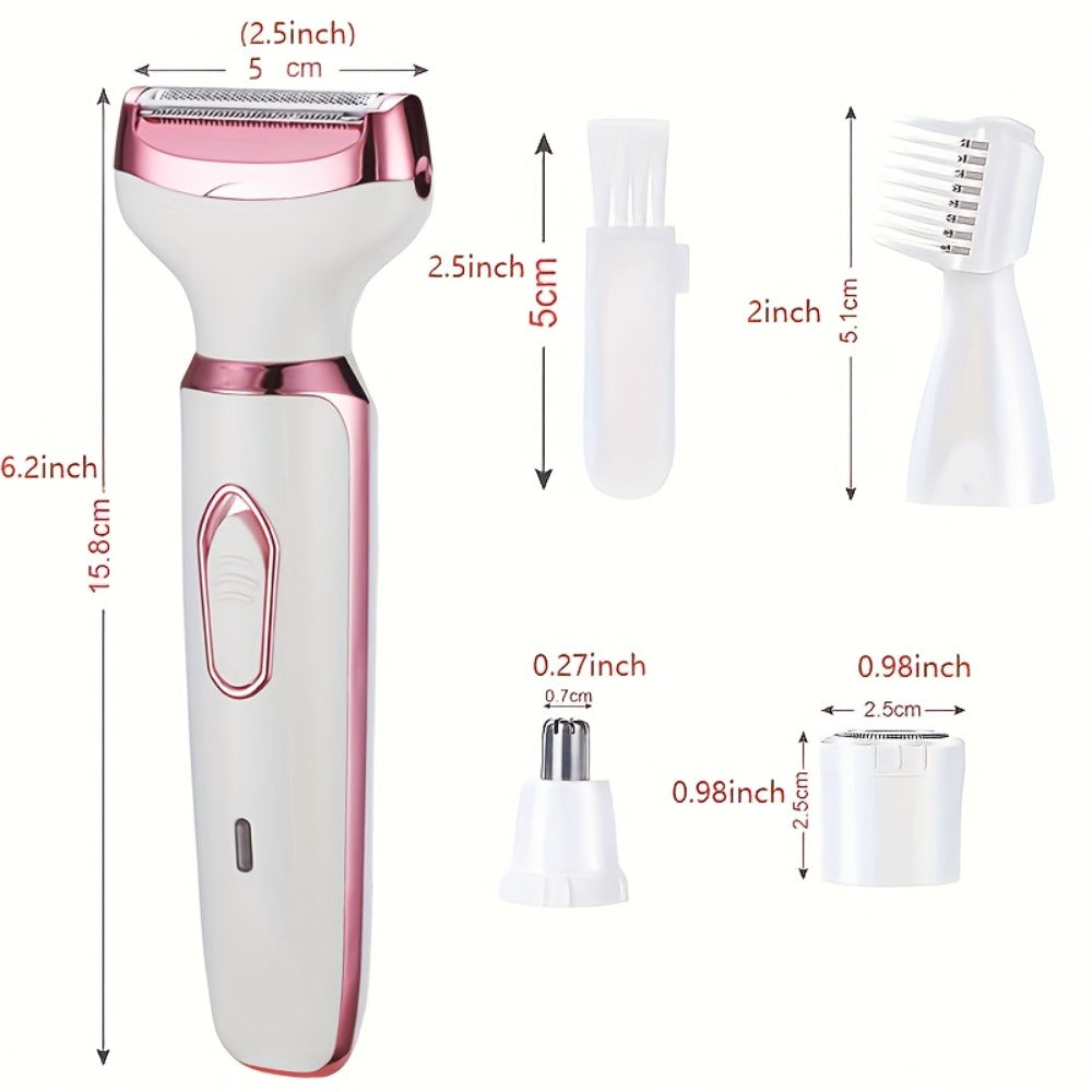 4-in-1 Electric Hair Remover for Women USB Rechargeable Shaver Trimmer – Eyebrow Nose Face Leg Bikini Line Underarm Peach Fuzz Removal Stainless Steel Blades Portable Travel Gift