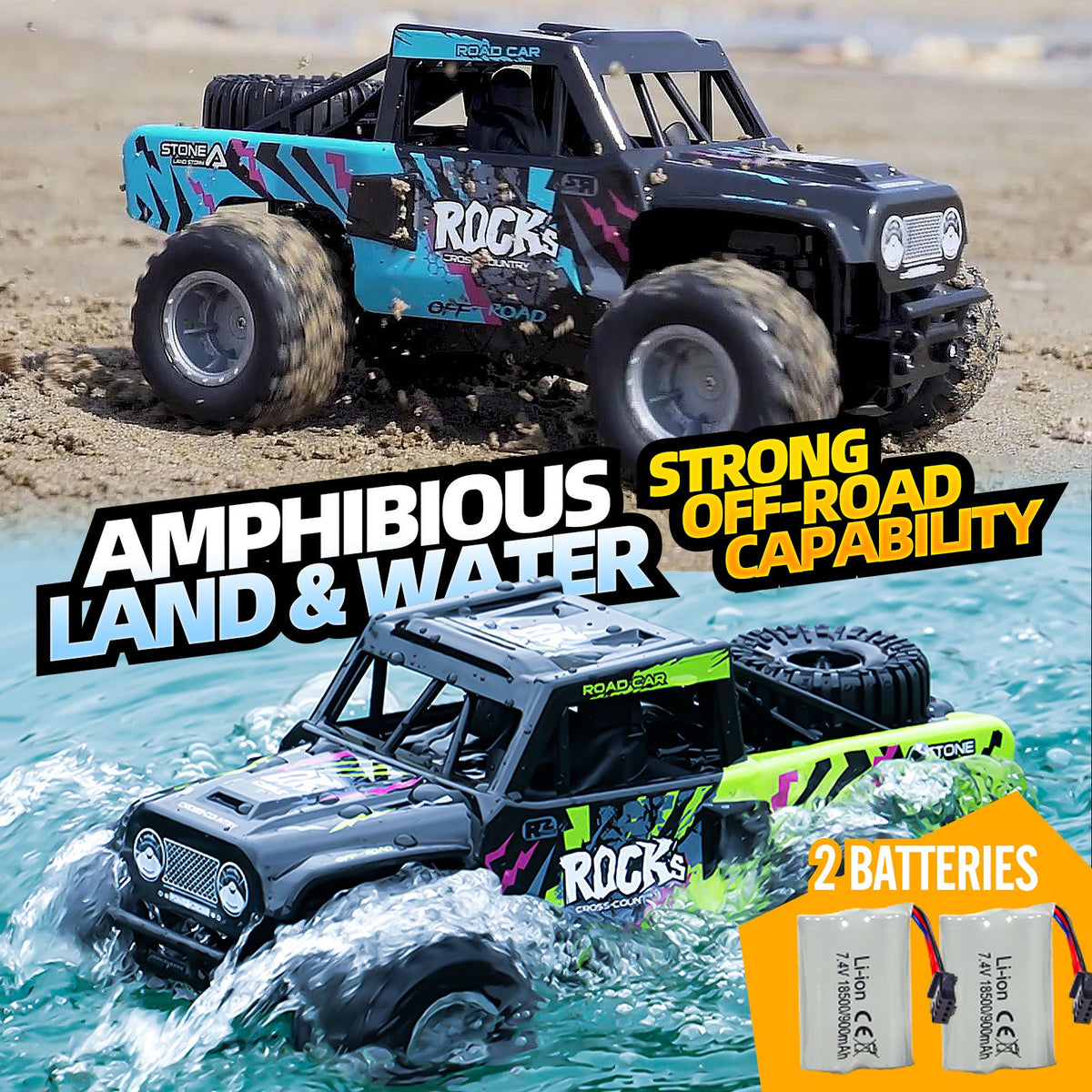 Amphibious RC Car 1:16 Scale 4WD, Waterproof Monster Truck or Pickup, 2 Batteries