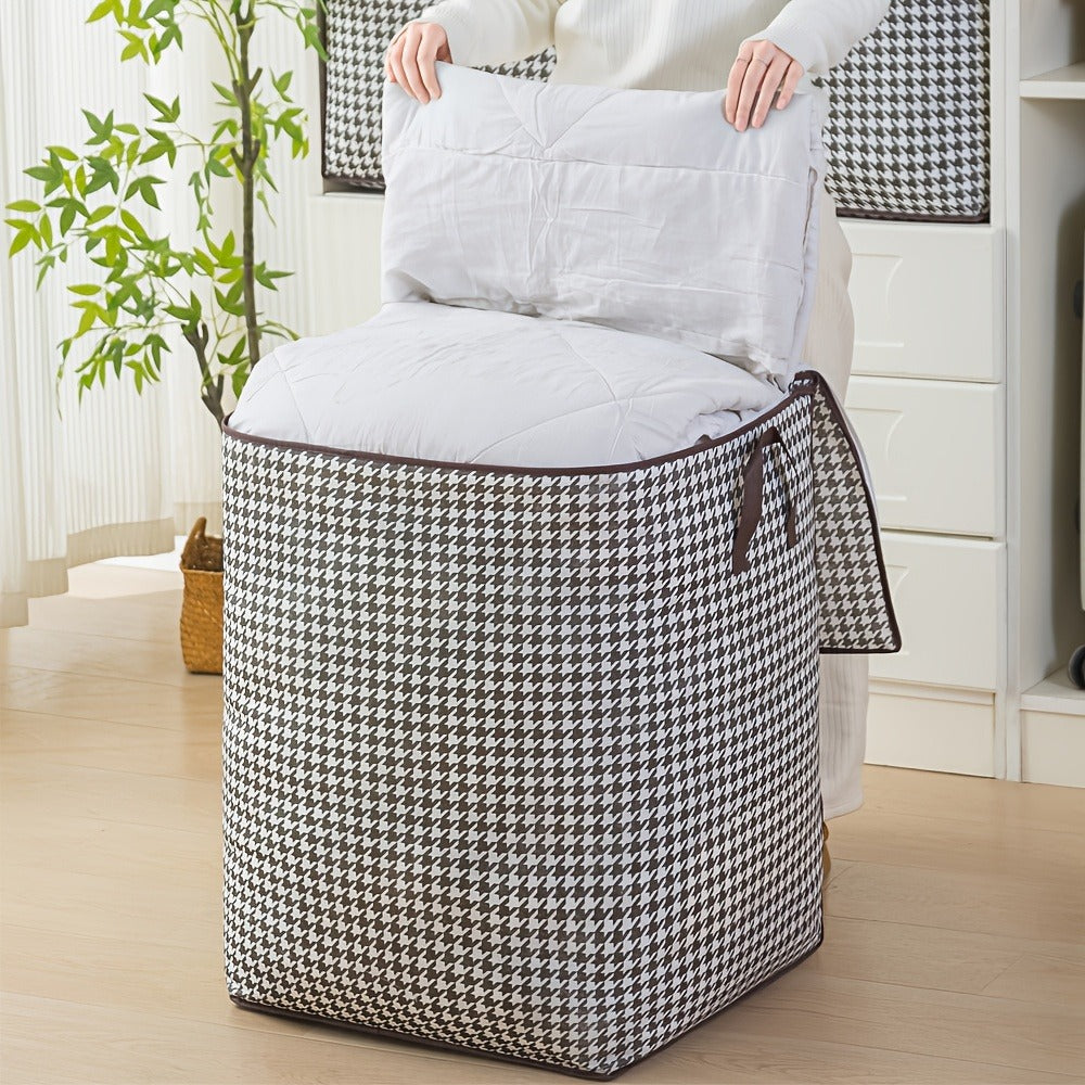 Large Storage Bags Houndstooth Non-Woven Fabric Organizer with Double Zipper & Handles – 160L/180L Dustproof Foldable Storage Box for Bedroom, Closet, Moving, Travel & Dorm, 1pc or 3pcs Set