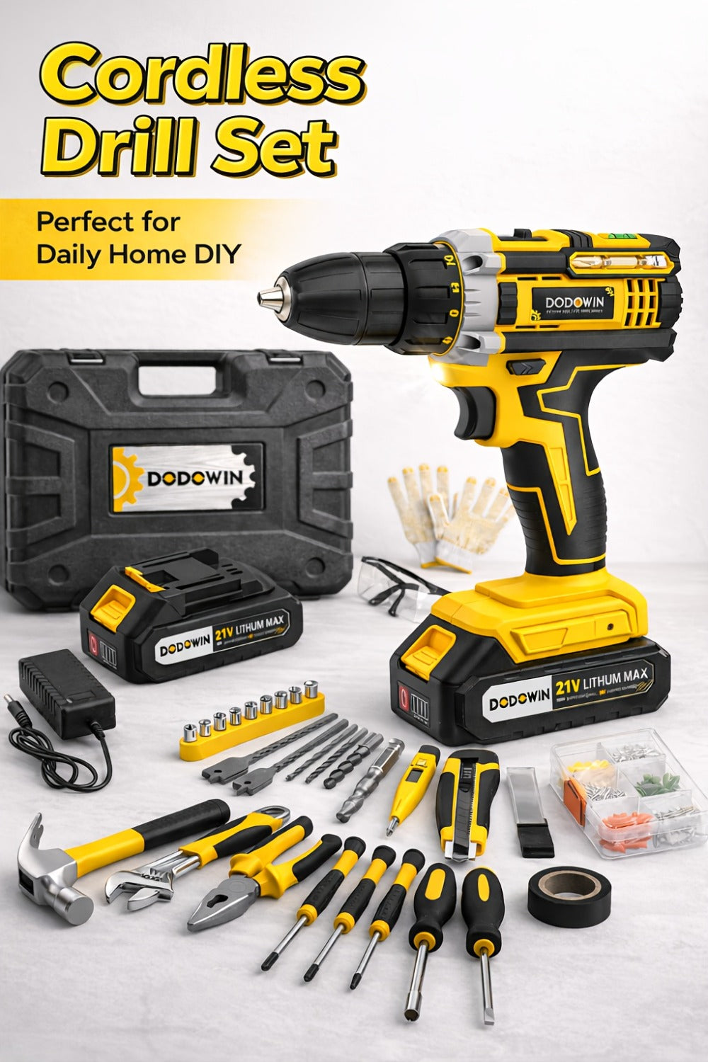 Cordless Impact Drill Set 12V / 21V Electric Drill Kit – 45Nm Torque, 2-Speed, Keyless Chuck, LED Light, Battery & Charger Included, Up to 115pcs Accessories for Home Repair, DIY & Construction