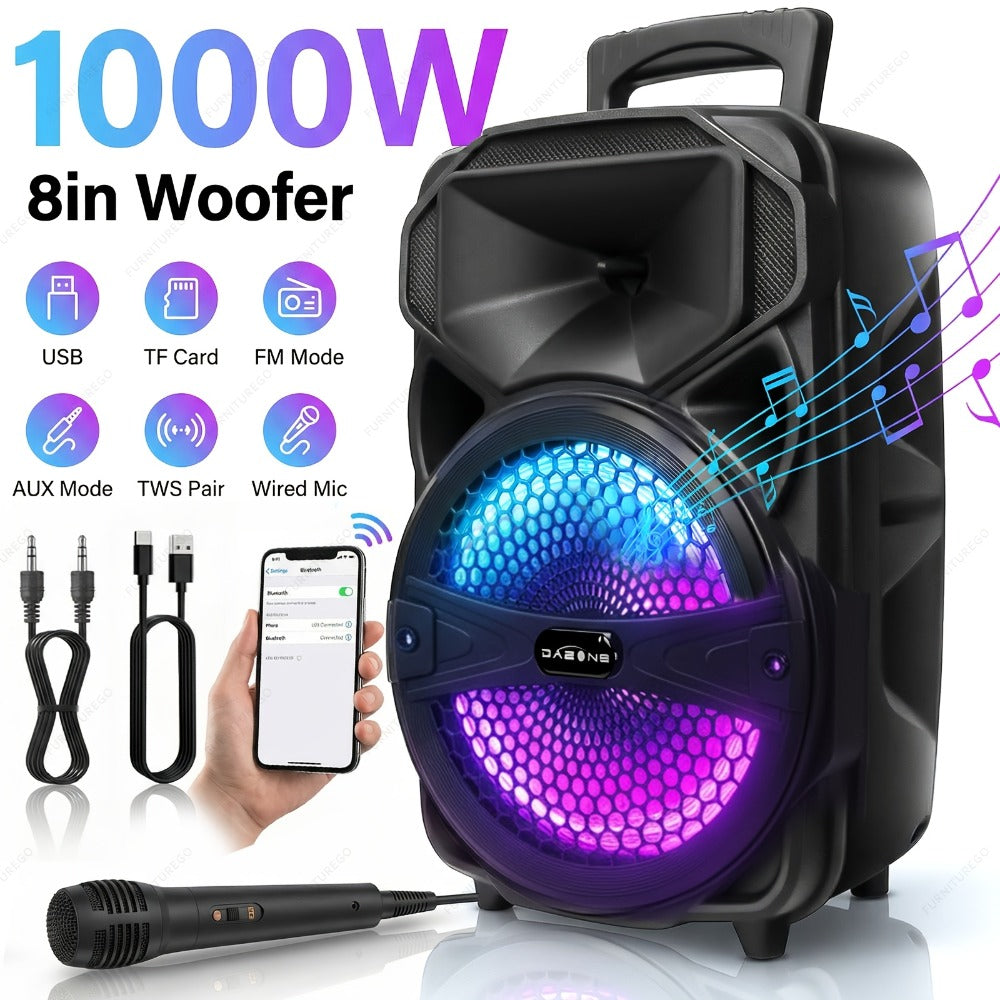1000W Karaoke Machine with Wireless Bluetooth Party Speaker, 8-Inch Subwoofer, Loud Sound System, FM Radio, EQ Mode, Strobe Lights, Wired Microphone & Remote Control for Adults and Kids