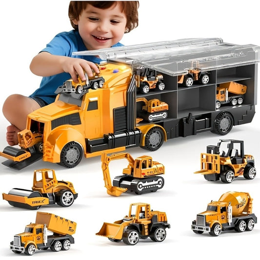 7-in-1 Diecast Construction Truck Toy Set with Excavator and Bulldozer