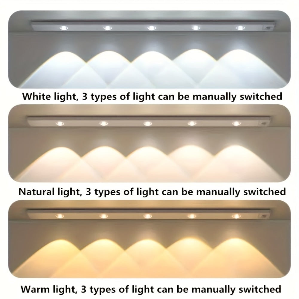 Motion Sensor LED Strip Light USB Rechargeable – 3-Color Dimmable Wireless Night Light for Kitchen, Wardrobe, Cabinet, Shoe Cabinet & Bedroom (20cm / 30cm / 40cm / 50cm, 1 or 2 Pack)