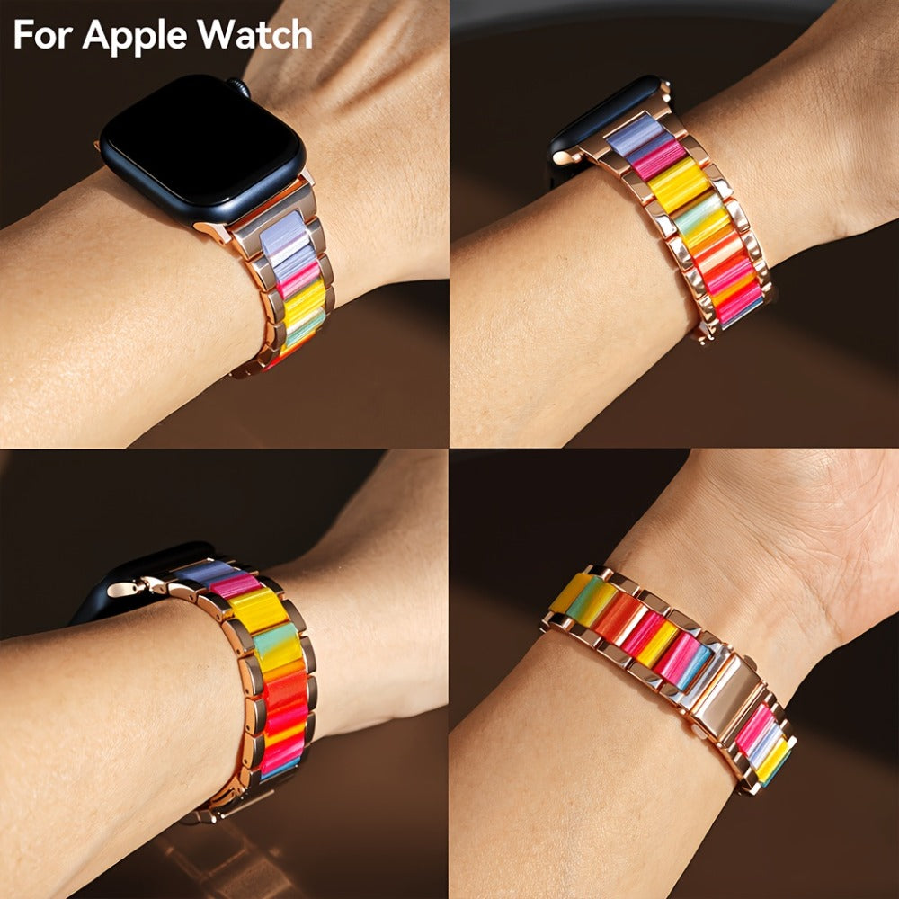 Stainless Steel Resin Apple Watch Band for Women – Gradient Brown & Rainbow Color Fashion Strap Compatible with Apple Watch Series 1–11 SE Ultra Ultra 2 38 40 41 42 44 45 46 49mm