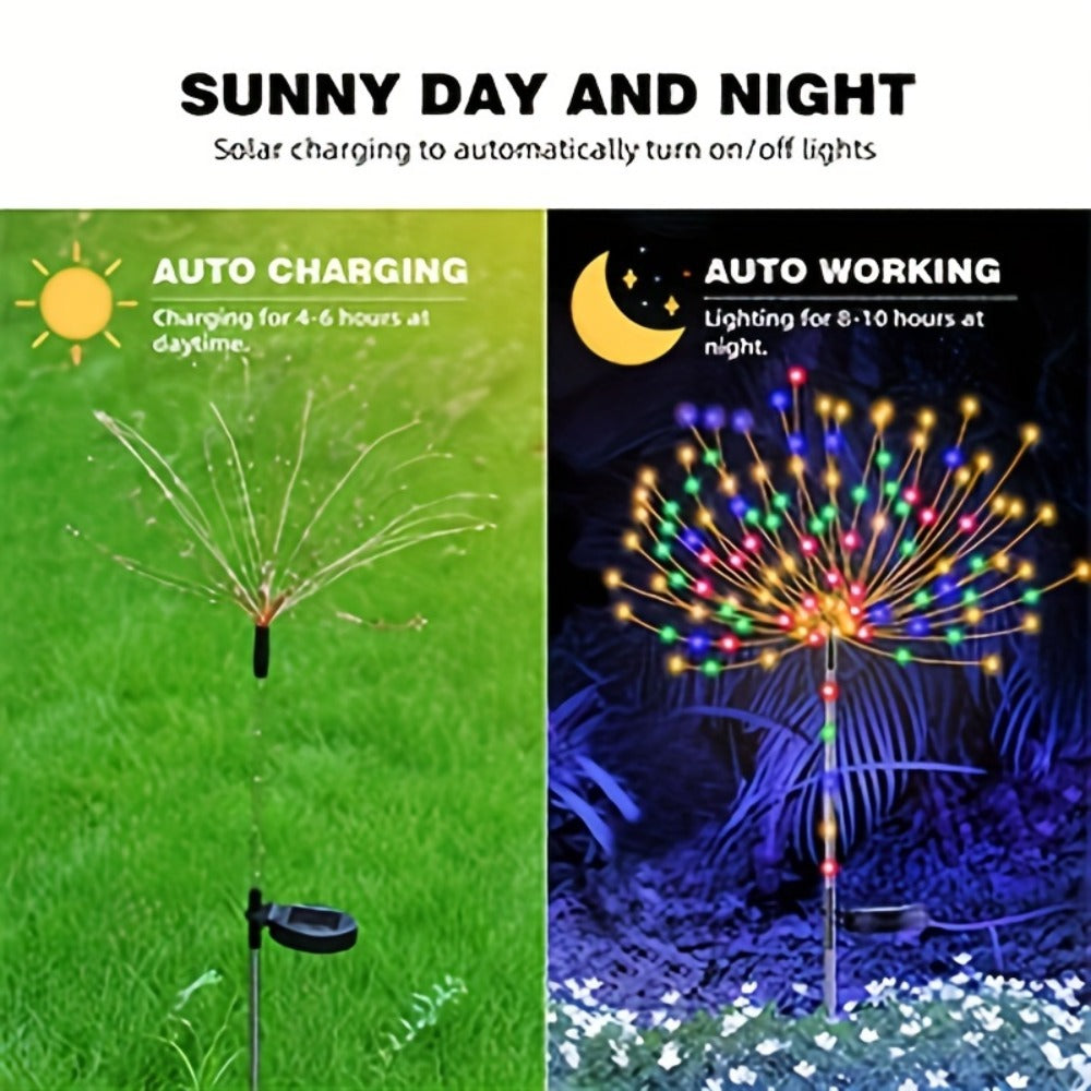 Solar Firework Stake Lights Outdoor 2 Pack - Touch Control Dimmable Starburst Ground Lights Warm White & Colorful 120 to 840 LEDs for Garden Pathway Lawn Party Wedding Christmas Halloween Decoration