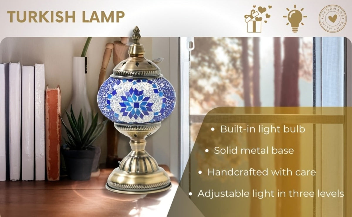 Mosaic Table Lamp Handcrafted Turkish Glass Bedside Lamp 3-Color Dimmable with Metal Base Bulb Included