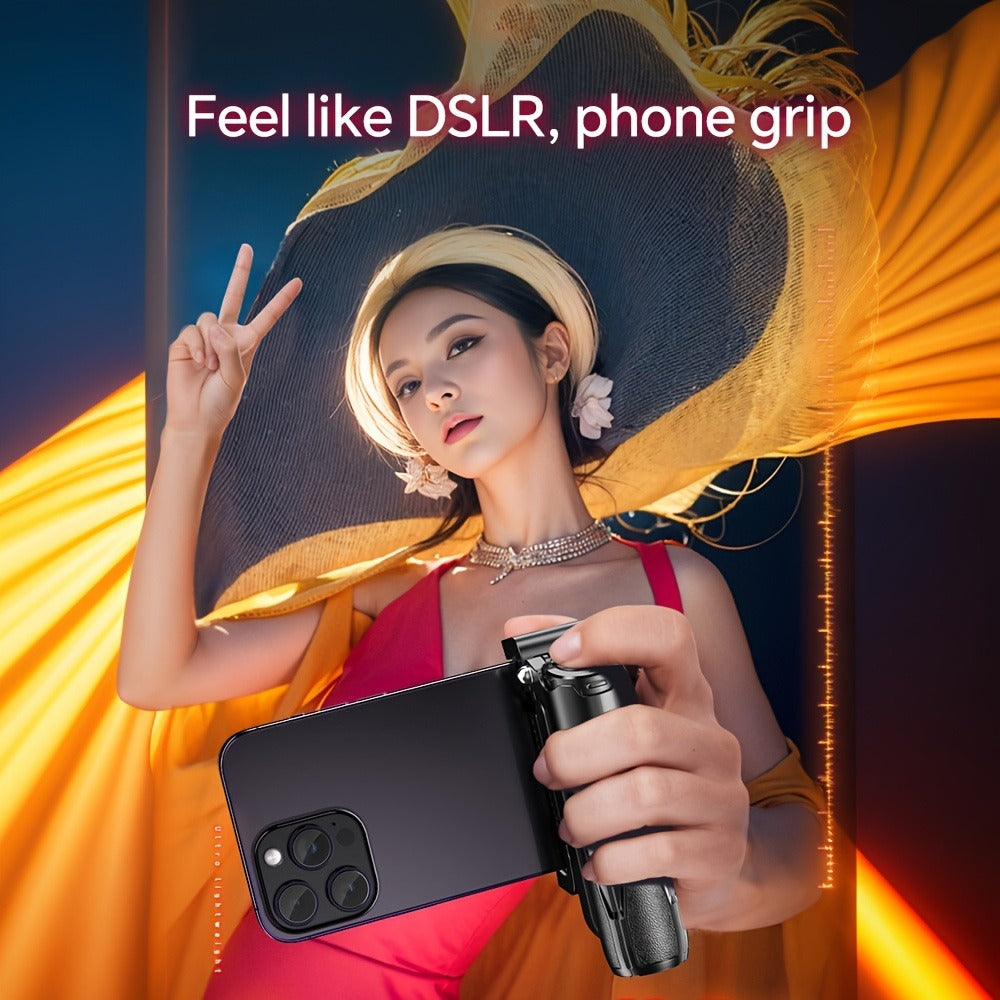 DSLR-Style Grip Selfie Stick Tripod 3-in-1 with 16 Inch Extendable Arm One-Click Unfold Stand & Wireless Bluetooth Remote – Portable Phone Stand for Concerts Hiking Desktop Live Streaming iPhone Android