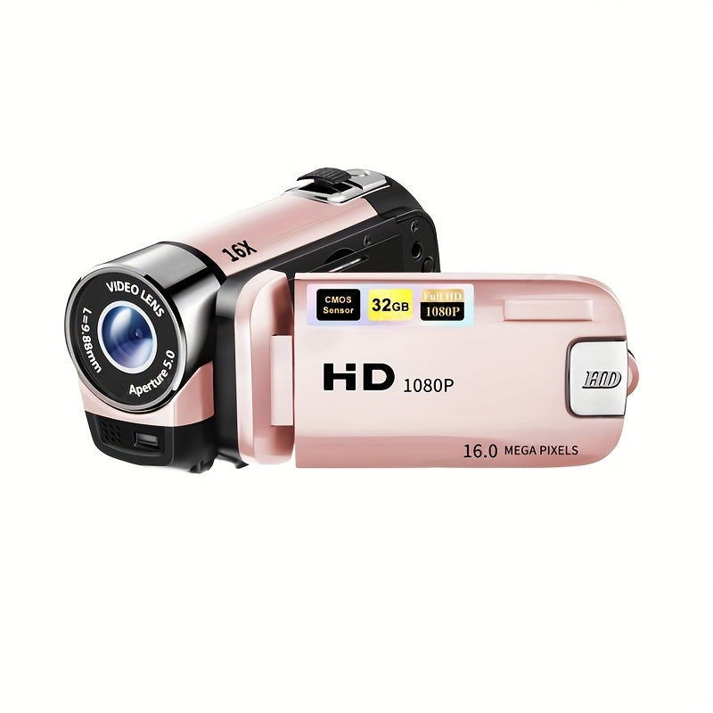 Portable 1080P Digital Camcorder with Rotating Screen & 32G Memory Card | Rechargeable Battery, Selfie Support, Compact Travel Video Camera for Vlogging, Family Gatherings & Everyday Recording