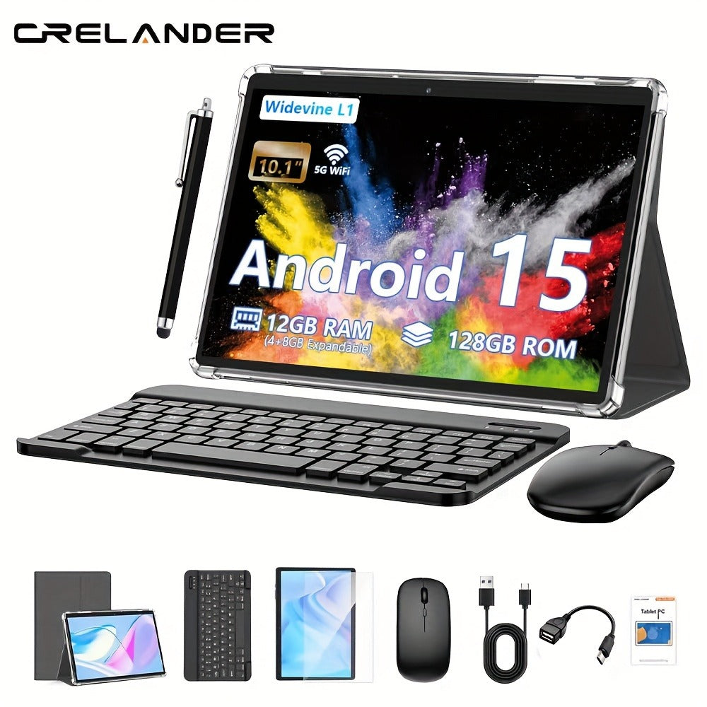 CRELANDER W30 Android 15 Tablet 12GB RAM 128GB ROM 2-in-1 with Keyboard Mouse Stylus Pen & Case, 2.4G/5G WiFi, GMS Certified, GPS, 1TB Expandable Storage, Dual Camera, Portable Tablet PC for Work Study
