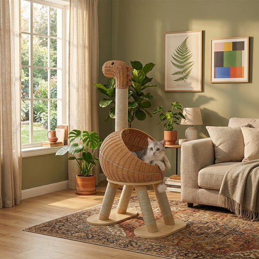 Dinosaur Cat Tree Tower with Rattan Bed & Sisal Scratching Posts, 46 Inch