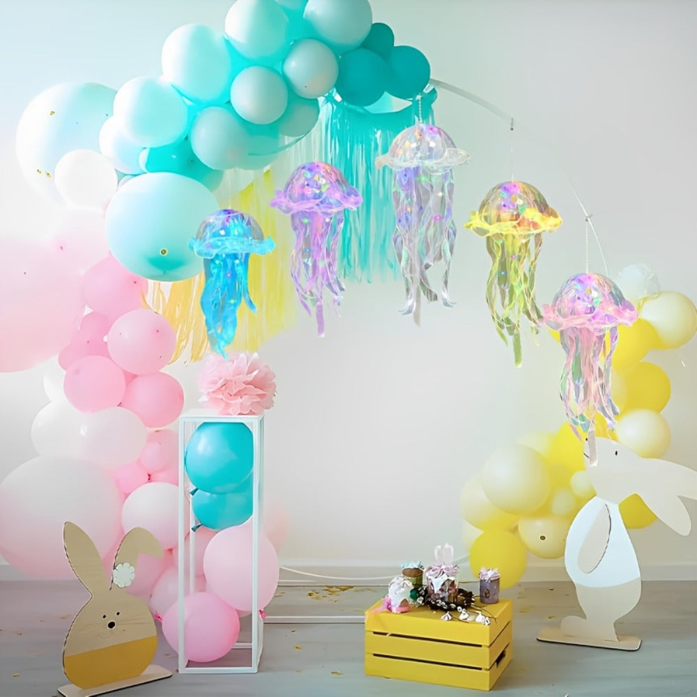 Jellyfish Lantern Party Decorations 5 Pack – Colorful Translucent Ribbon Hanging Lights for Halloween Christmas Wedding Birthday, Indoor Outdoor Festive Event Decor (Crystal Ribbon / Set)