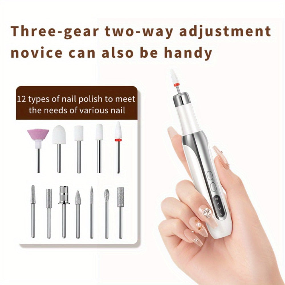 Electric Nail Drill Cordless USB Rechargeable 12 Bits Sanding Bands Manicure Pedicure Kit Low Noise Portable Pen Style Home Salon Beginner Professional Golden White