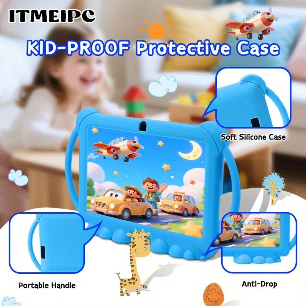 Kids Tablet 7 Inch Android 14 WiFi 6 4GB RAM 32GB ROM Dual Camera Parental Control Pre-installed Learning Apps HD Screen Protective Case Type-C Charging for Children Learning Entertainment