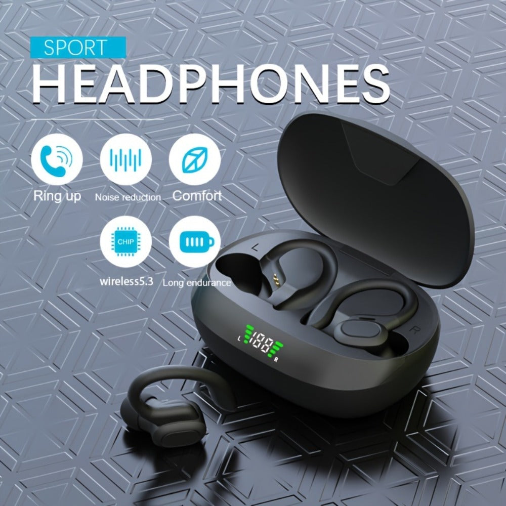Sport Ear Hook Wireless Earbuds Bluetooth 5.4, Open-Ear Sports Earphones with Mic, 24H Playtime, LED Display Charging Case, Running Fitness Earbuds for Men Women, Black
