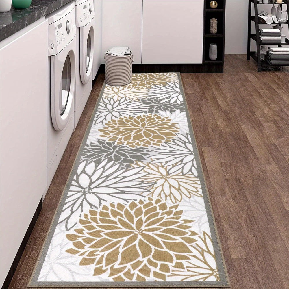 Floral Medallion Runner Rug Non-Slip Machine Washable – Low-Profile Hallway Carpet for Entryway, Laundry Room & Bathroom – Brown & Grey, 2x6, 2x8, 2x10 Ft