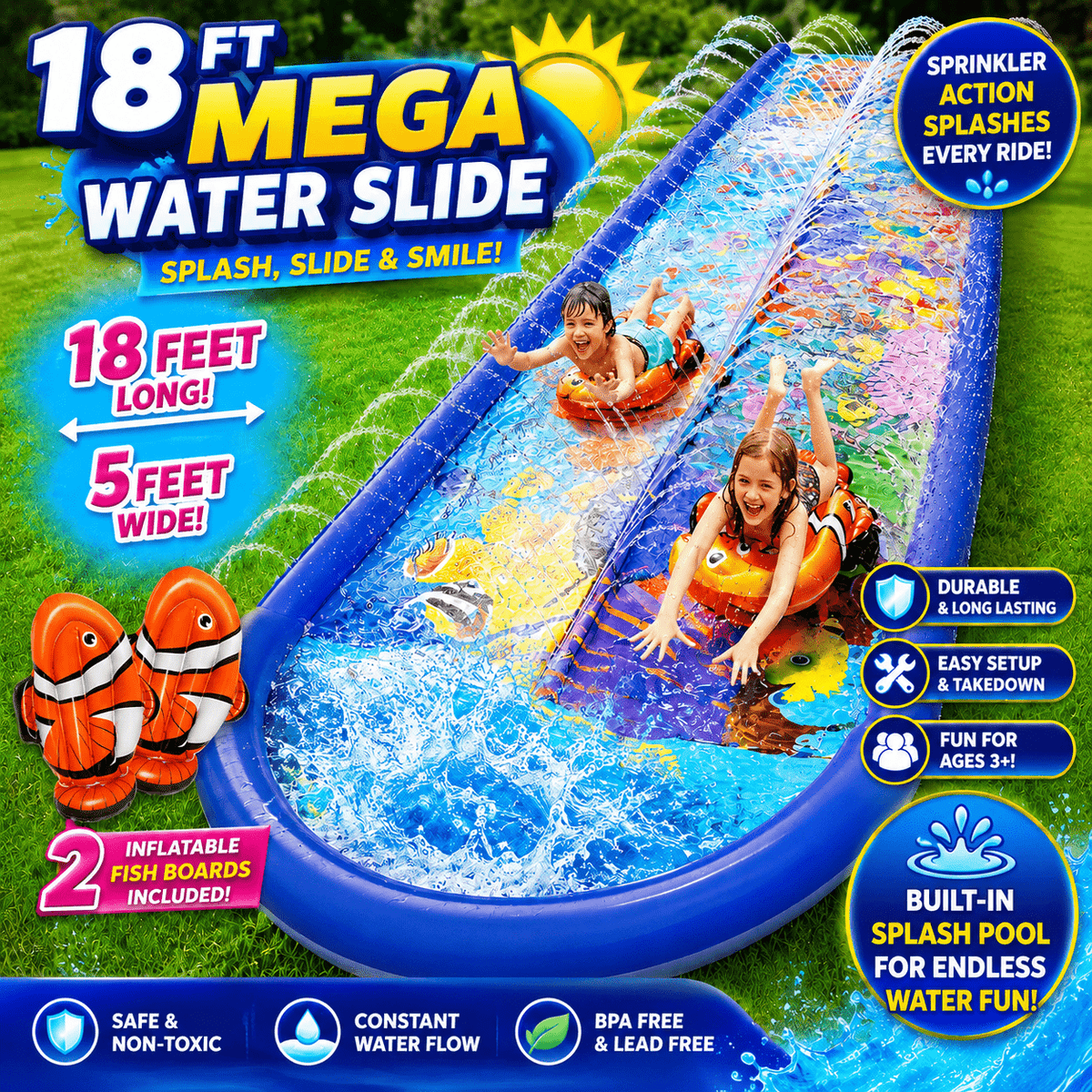 18FT Dual-Lane Backyard Water Slide with Sprinkler and Splash Pad