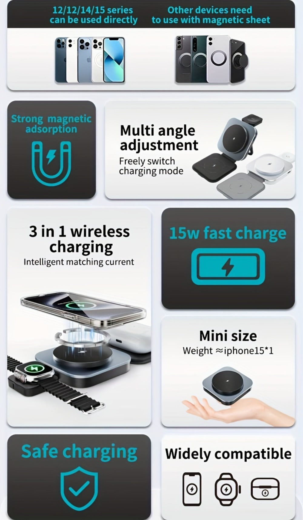 Foldable Travel 3-in-1 Wireless Charging Station 15W – Fast Charge for iPhone 17 16 15 14 13 12 Pro Max Plus, Apple Watch Ultra Series 9 8 7 6 5 4 3 2 1 SE & AirPods 4 3 2 Pro | Portable Black Charger
