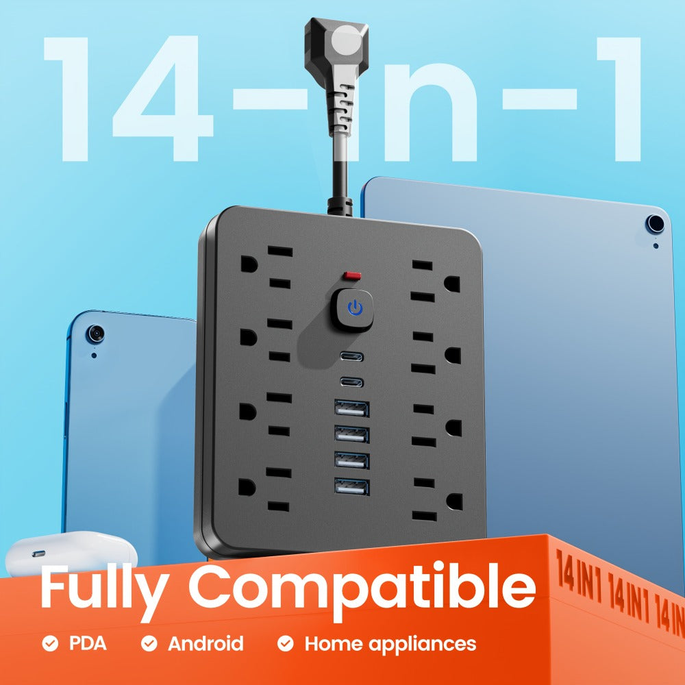 14-in-1 Power Strip with Surge Protector – 8 AC Outlets & 6 USB Ports (2 USB-C), Flat Plug Space-Saving Design, Overload Protection for Home Office School, Available in Black & White