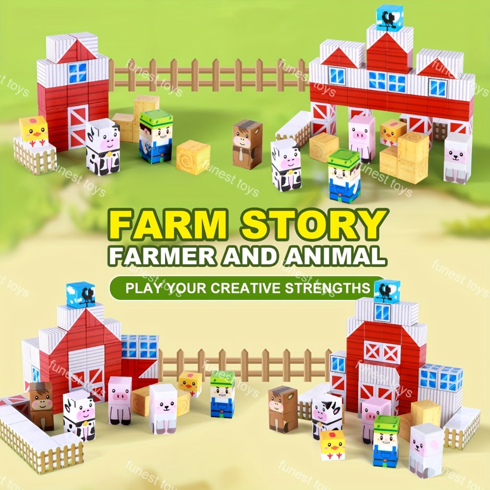 54-Piece Farm Animal Magnetic Block Set with Farmer Theme Play
