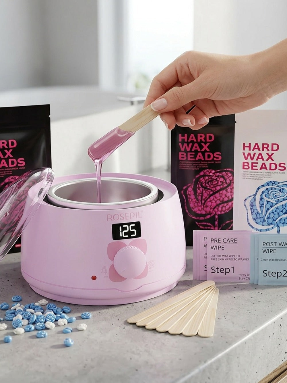 Wax Hair Removal Kit Digital Wax Pot with 6 Wax Bead Packets — Smart Temperature Control Salon-Grade Waxing Set for Body Bikini Face Legs Underarms, At-Home Waxing for Women & Men, Purple & White