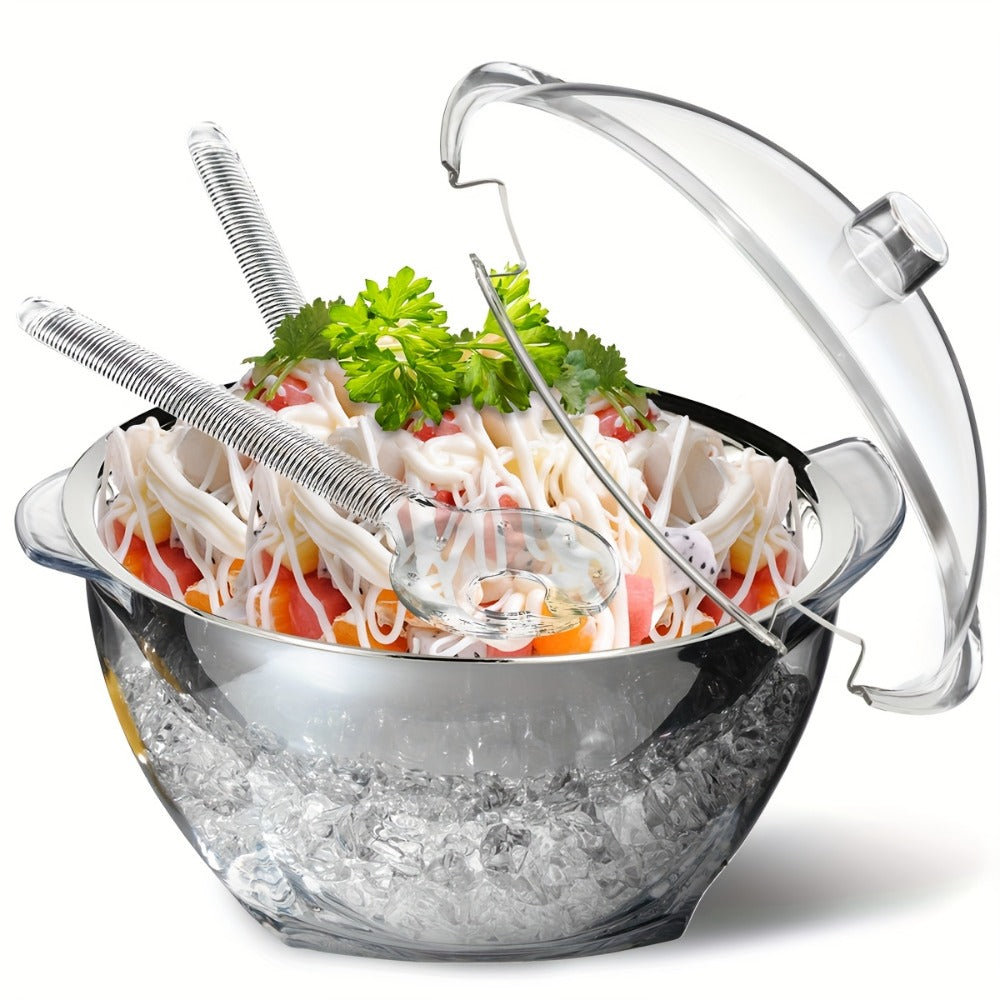Stainless Steel Ice Chiller Salad Bowl with Lid and Serving Spoons – Large Refrigerated Veggie Fruit Tray with Ice Chiller Base for Party Entertaining Buffet Outdoor Picnic Food Display