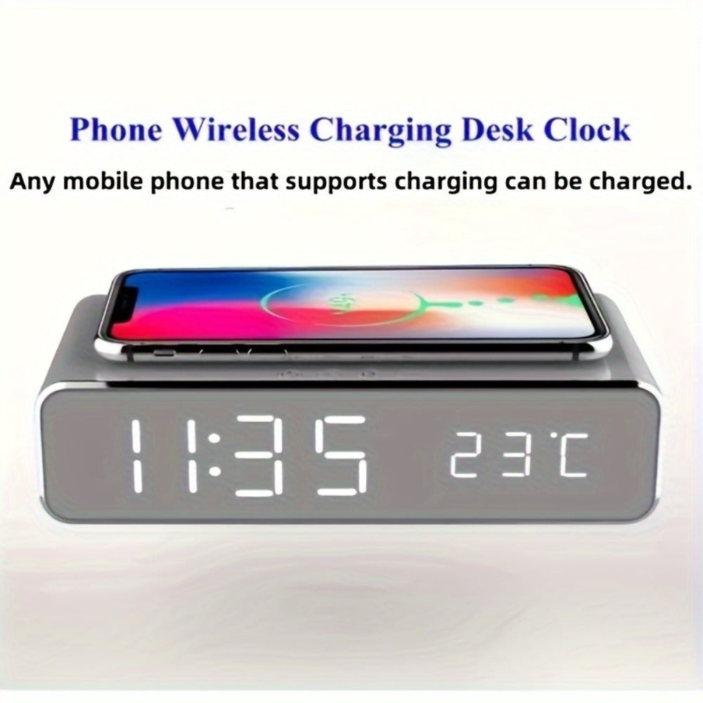 Alarm Clock Wireless Charger with Thermometer 3-in-1 LED Fast Charging Pad for iPhone & Android – 3 Alarms, 12/24H Display, Celsius/Fahrenheit, Power Saving Mode | Bedside Nightstand & Desk Gadget | Black & Silver
