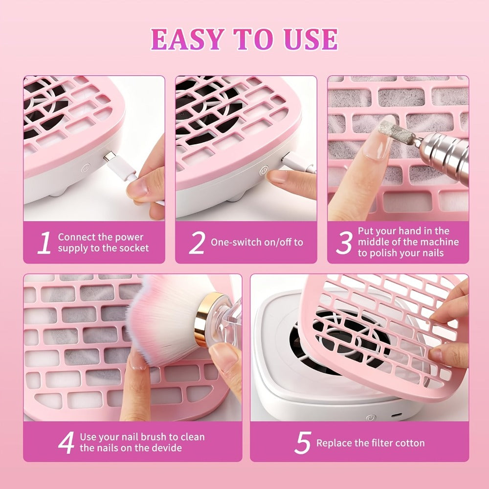 Nail Dust Collector Mini USB Electric Vacuum Cleaner with 10 Filter Pads & Strong Suction – Portable Nail Dust Suction Machine for Acrylic Gel Filing, Home Nail Station, Salon & Travel, White Pink Blue