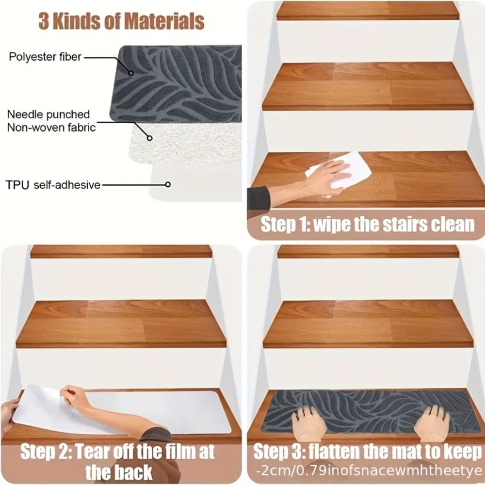 Non-Slip Stair Treads 15pcs 8"x30" Self-Adhesive Carpet Pads for Wooden Steps – Washable Polyester Indoor Stair Mats for Safety, Anti-Slip Step Covers in Multiple Colors