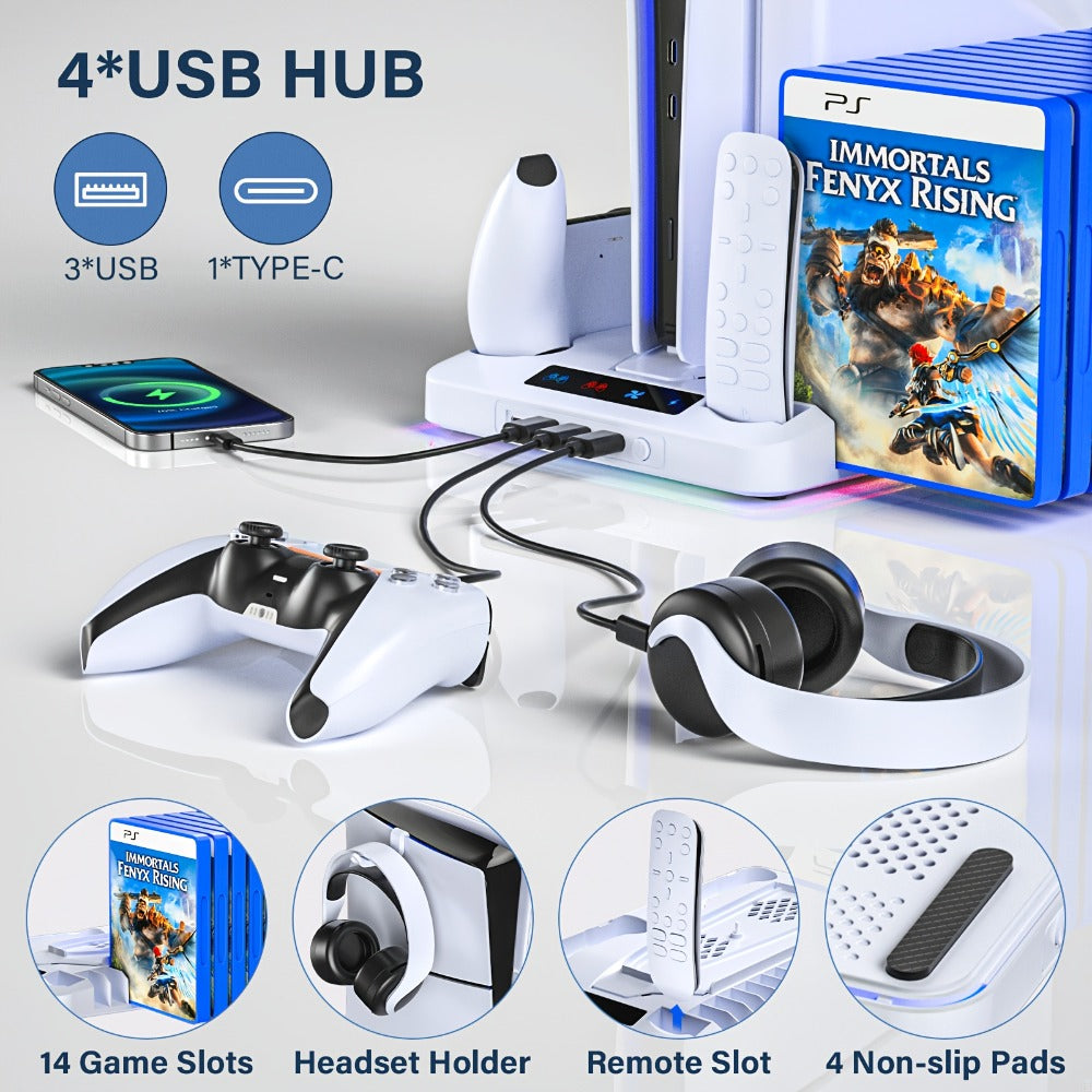 PS5 Cooling Stand with 16 Game Slots & LED Light, Dual Controller Charging Station with Headset & Remote Holders for PS5 & PS5 Slim (Disc & Digital) – Not Compatible with PS5 Pro