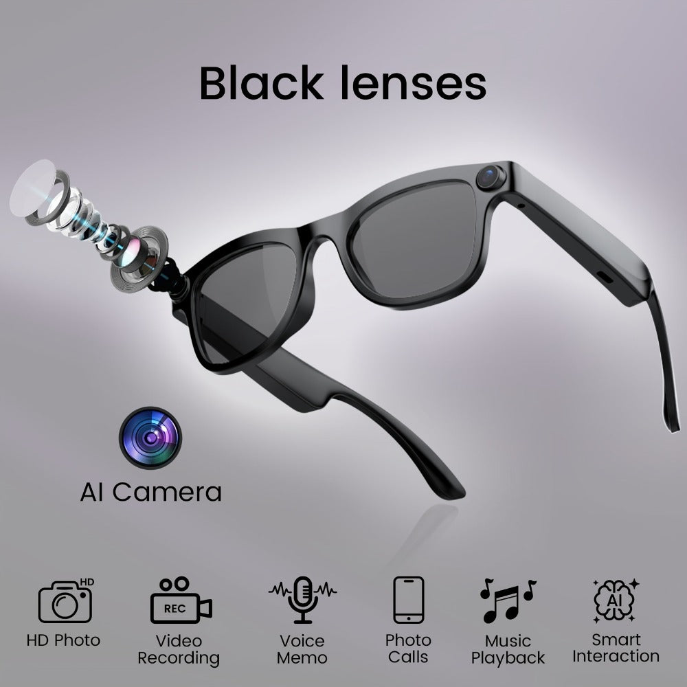 AI Smart Glasses Real-Time Voice Translation 100+ Languages - 2MP HD Camera, Bluetooth Calling & Music, Hands-Free Recording, Black & Clear Lens, Wearable Tech