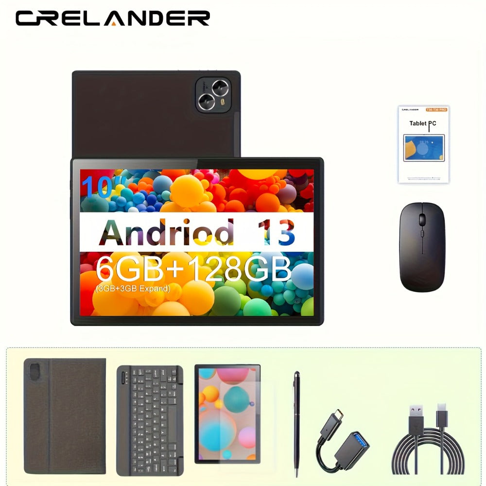 CRELANDER Android Tablet 10.1 Inch 2-in-1 with Keyboard & Mouse | 6GB RAM 128GB ROM, HD IPS Display, 5G Wi-Fi, GPS, Supports Calls, Dual Camera, Tablet PC for Work Travel Home