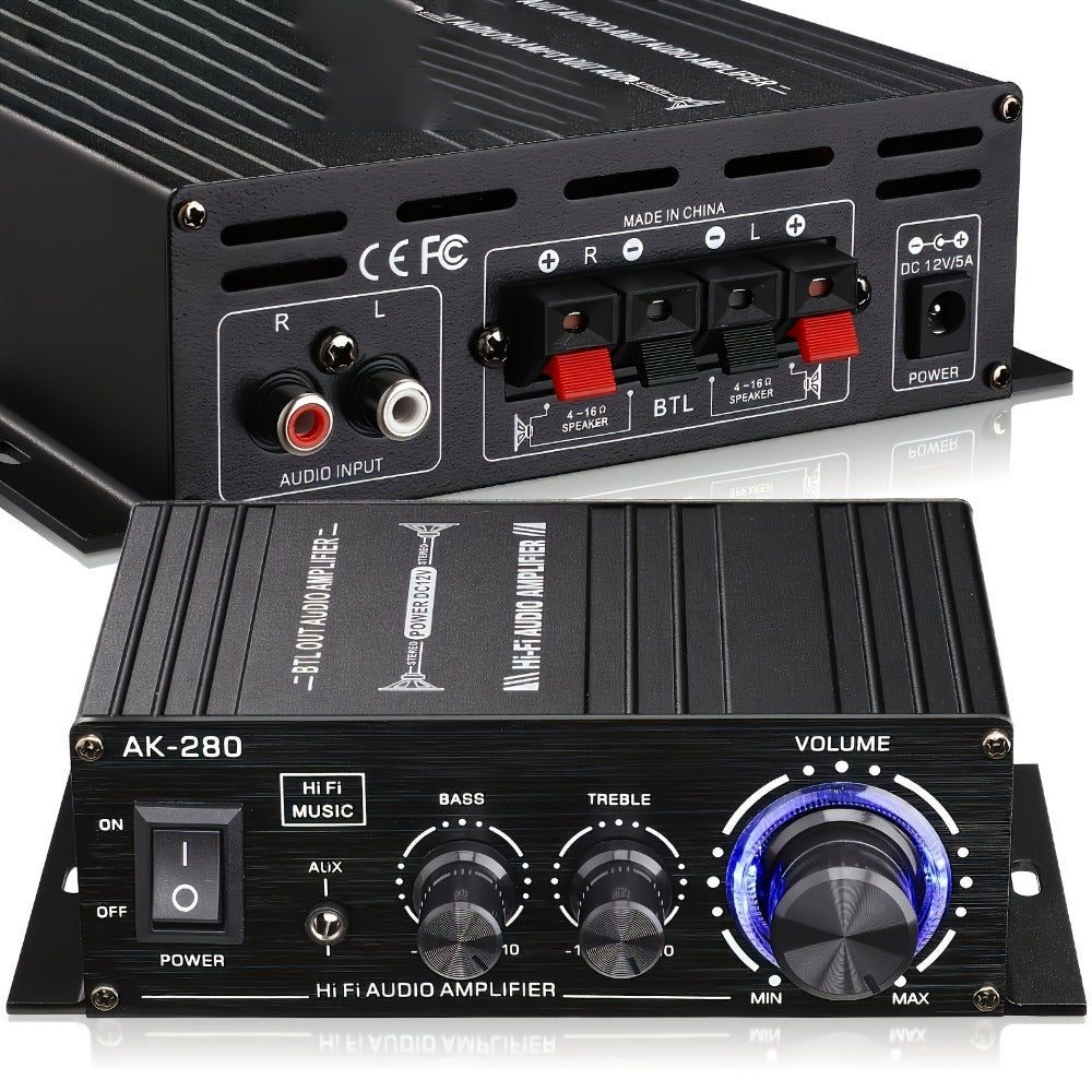 600W Mini HiFi Stereo Power Amplifier, Dual-Channel Class AB Compact Audio Amp, 2.0 Channel, RCA & AUX Input, Bass & Treble Control, Sound Amplifier for Home Theater, Computer & Car Audio (No Power Cord)