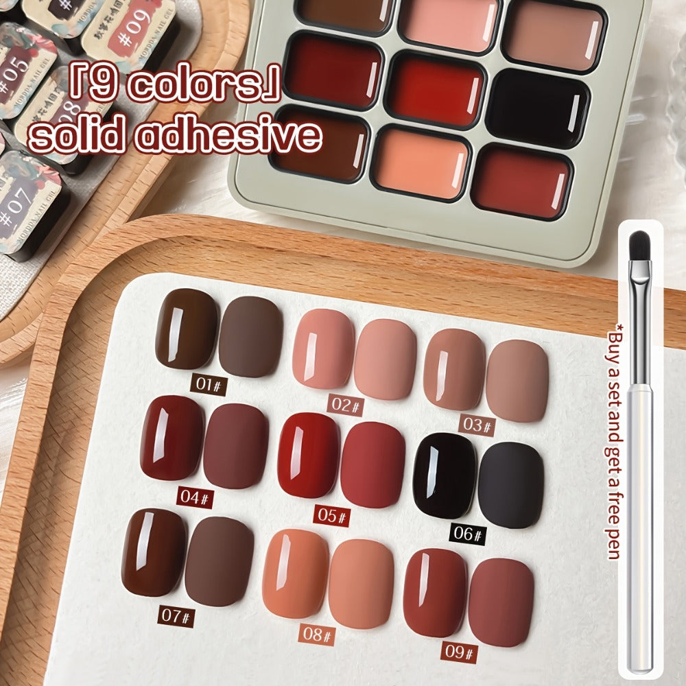 Gel Nail Polish Set 9 Colors Autumn Harvest High Saturation Soak-Off LED — Alcohol-Free Long-Lasting Solid Gel Polish Kit with Light Therapy Pen for Salon & Home Manicure