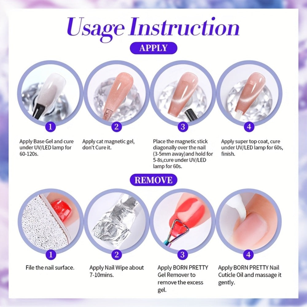Cat Eye Magnetic Gel Nail Polish 10ml - Blueberry Glitter Purple Blue Glass Bead Sparkling Effect, UV LED Semi-Permanent Gel Varnish with Magnetic Stick, DIY Salon Nail Art