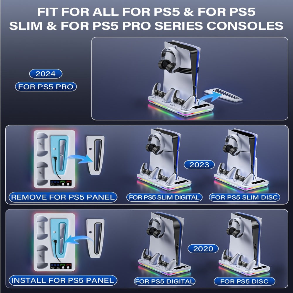PS5 Cooling Stand with Dual Controller Charging Dock – Compatible with PS5/Slim/Pro Standard & Digital Edition, 3-Speed Fan, 10 RGB Lights & USB Hub, PlayStation 5 Gaming Accessories
