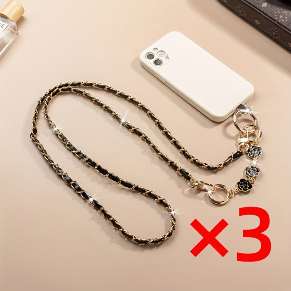 Crossbody Phone Strap Long Chain Pearl Camellia Metal Charm Elegant Lanyard for Women Girls – Clip-On Universal Fit iPhone Samsung Black White 2-5pcs Gift Set