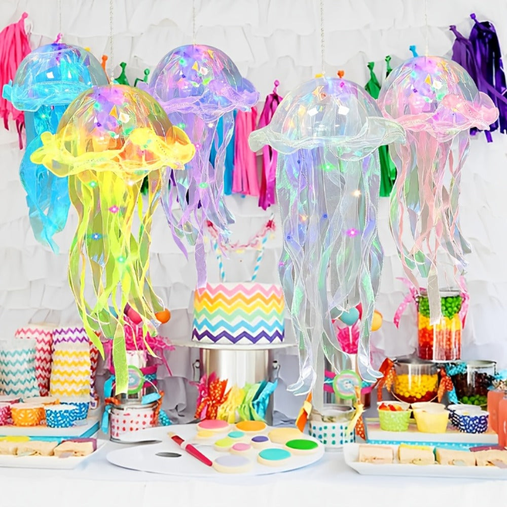 Jellyfish Lantern Party Decorations 5 Pack – Colorful Translucent Ribbon Hanging Lights for Halloween Christmas Wedding Birthday, Indoor Outdoor Festive Event Decor (Crystal Ribbon / Set)