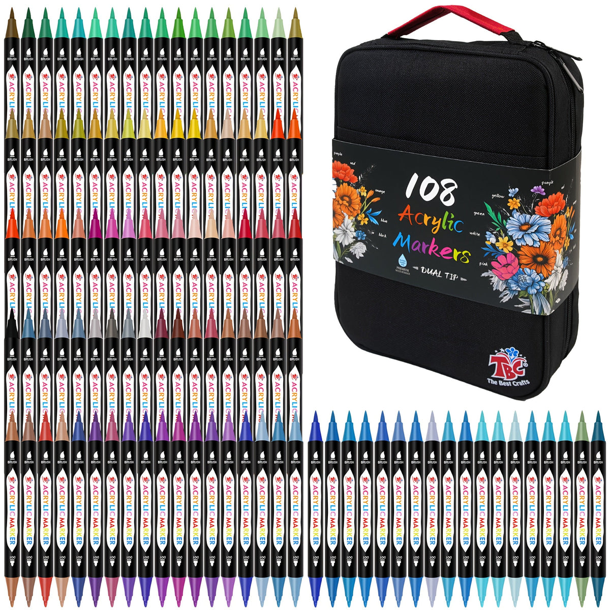 Acrylic Paint Markers with Canvas Bag Dual Tip 48 72 108 Colors – Double Zipper Premium Storage, Non-Toxic Odorless Paint Pens for Canvas Rock Wood Glass Fabric, Artist Gift