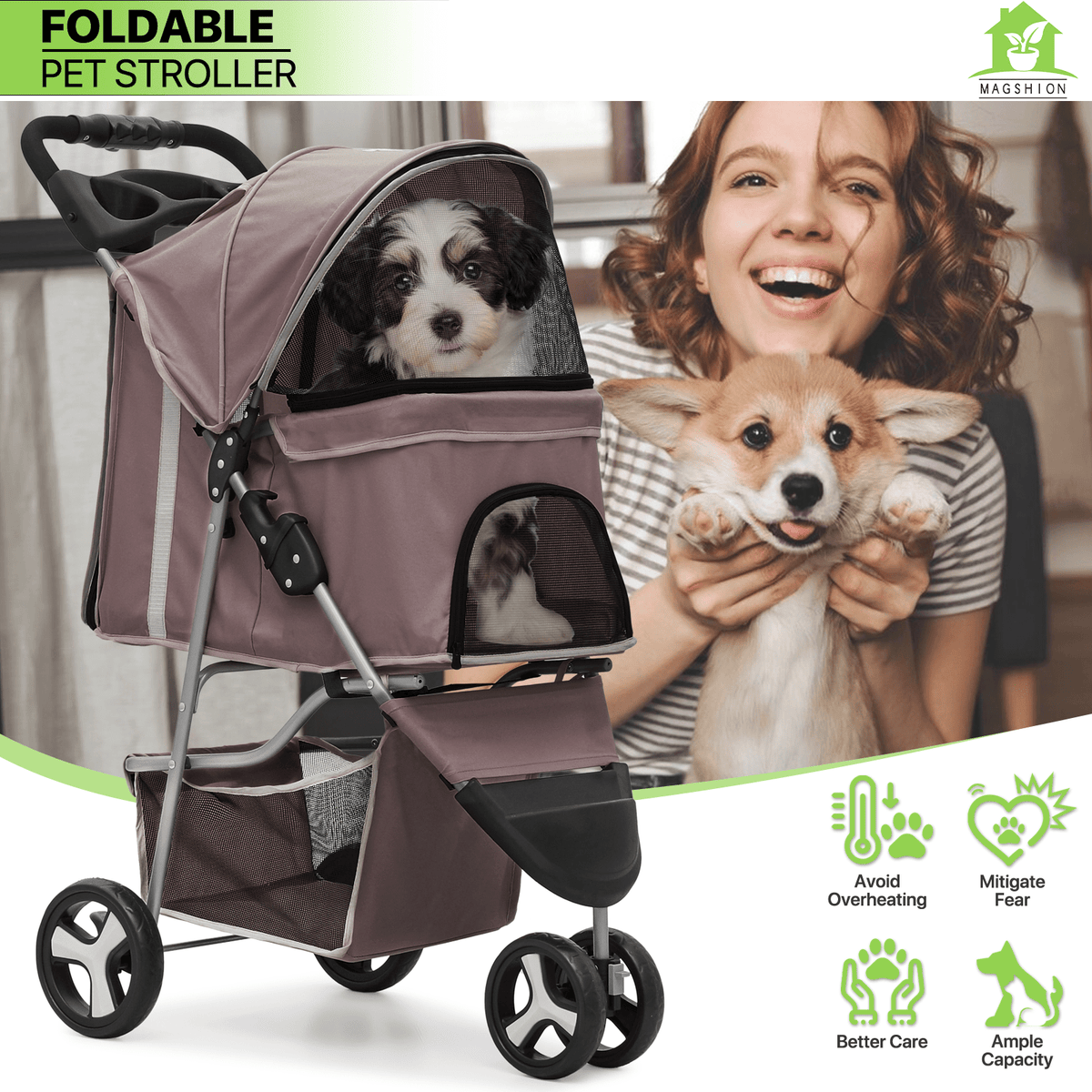 Pet Jogger Stroller 3-Wheel for Small & Medium Dogs & Cats up to 33 lbs - Foldable Oxford Waterproof Dog Cat Pram with 360° Swivel Wheels, Shock Absorber, Rear Brakes, Cup Holder & Storage Basket, 11 Colors