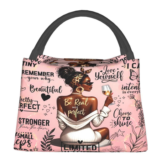 Insulated Lunch Bag with Black Girl Wine Tasting Pattern, 10.6 x 6.3 x 6.7 Inches