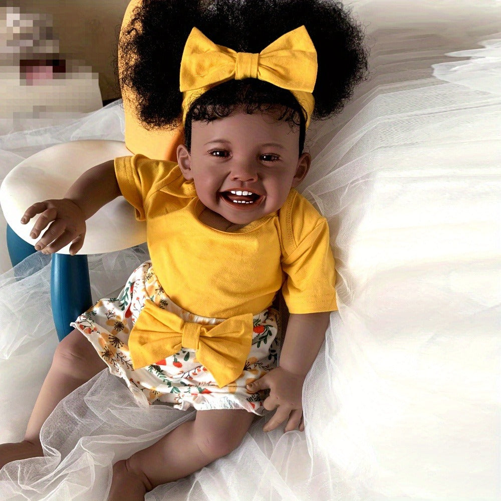 24-Inch Black Reborn Baby Girl Doll with Rooted Hair and Cloth Body
