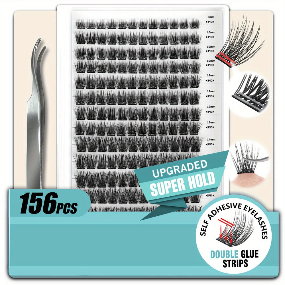 Invisible 2-Strip Tape Lash Clusters 156Pcs — Pre-Glued Self-Adhesive Eyelash Extensions, No Glue No Sticky Residue, Volume Mixed Longer-Lasting DIY Cluster Lashes for Women Sensitive Eyes