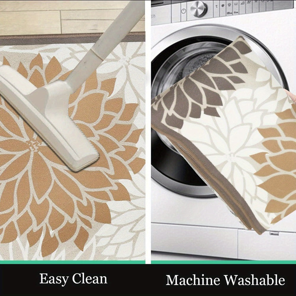 Floral Medallion Runner Rug Non-Slip Machine Washable – Low-Profile Hallway Carpet for Entryway, Laundry Room & Bathroom – Brown & Grey, 2x6, 2x8, 2x10 Ft
